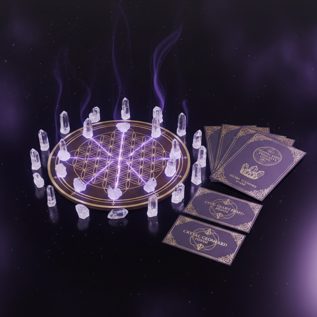 Crystal grid activation kit with sacred geometry board and clear quartz points