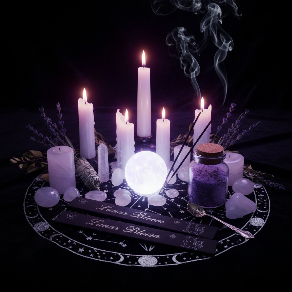 Full moon ritual bundle with white candles, moonstone crystals and lunar incense