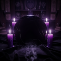 Obsidian scrying mirror, polished black divination tool with purple candles