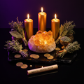 Abundance altar kit with citrine crystals, gold candles, prosperity herbs and coins