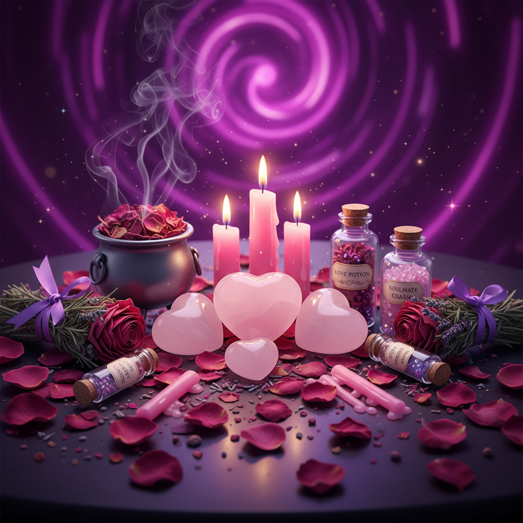 Love and romance spell kit with rose quartz hearts, pink candles and rose petals