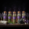 Witch's herb collection with dried herbs in glass jars with purple labels