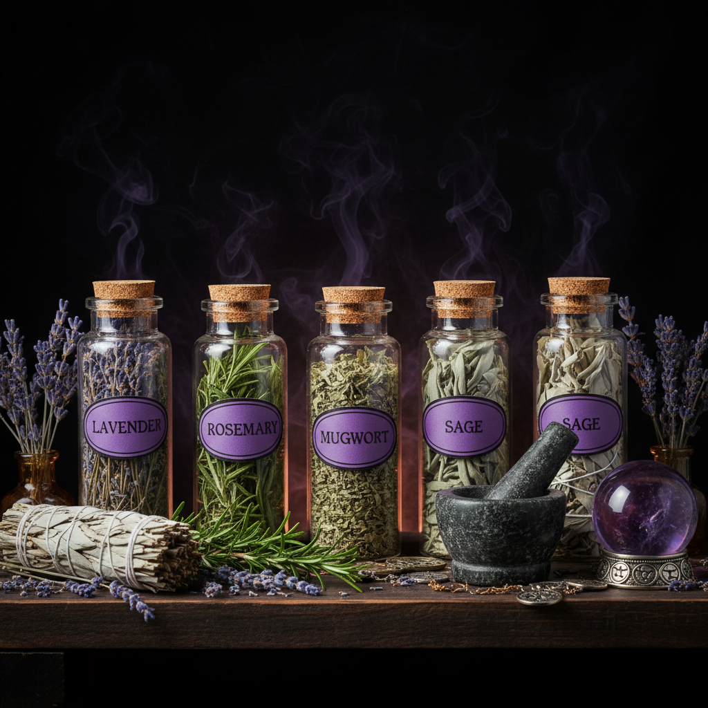 Witch's herb collection with dried herbs in glass jars with purple labels