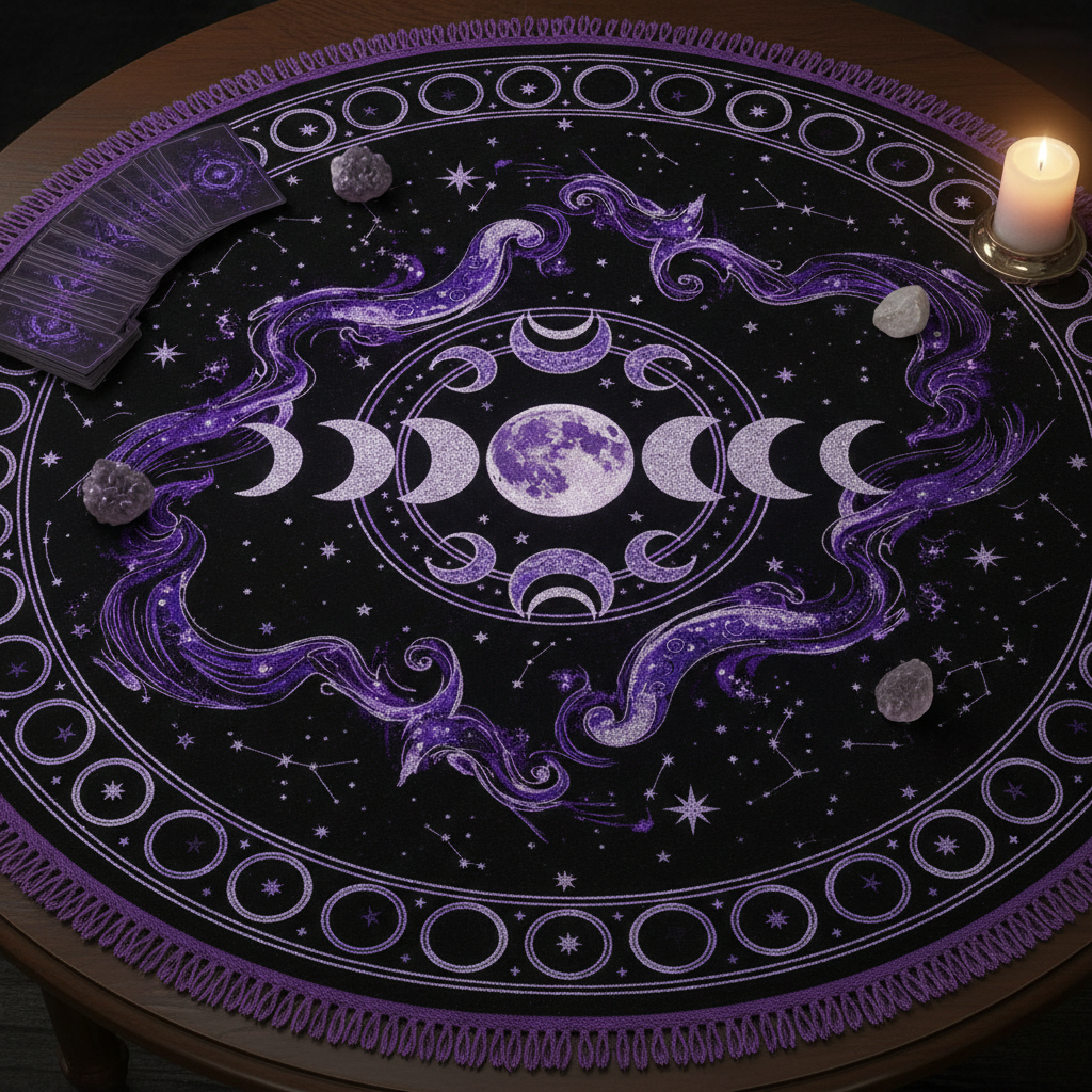 Celestial tarot reading cloth with purple moon phases and stars on black fabric